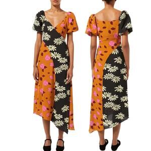 Rhode NWT Women's Teresa Multi-Print Dress Midi Wild Poppy Ink Daisy Orange SZ 0